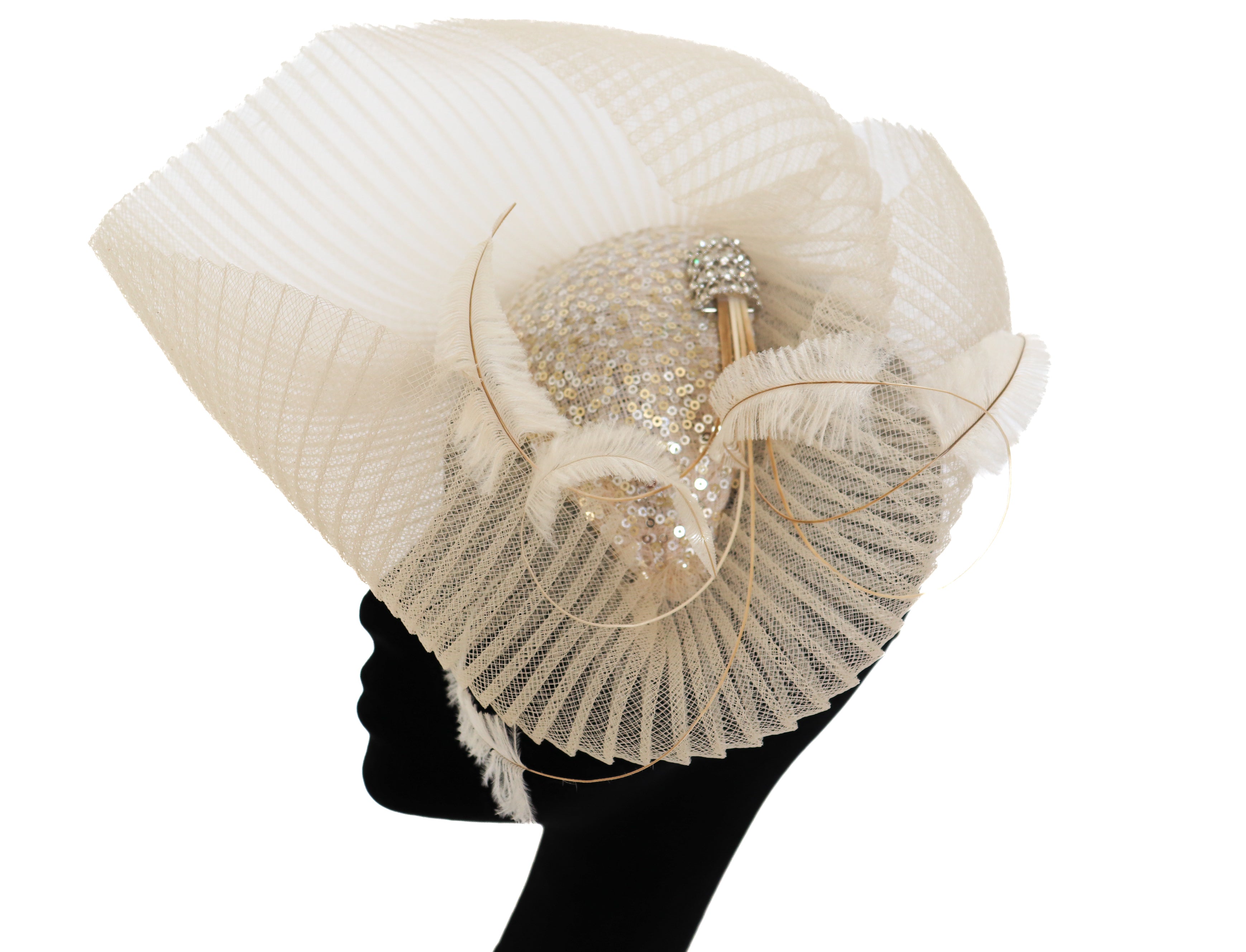 Nerida Fraiman Fascinator Hat - Ascot - Sequins / Feathers - Cream