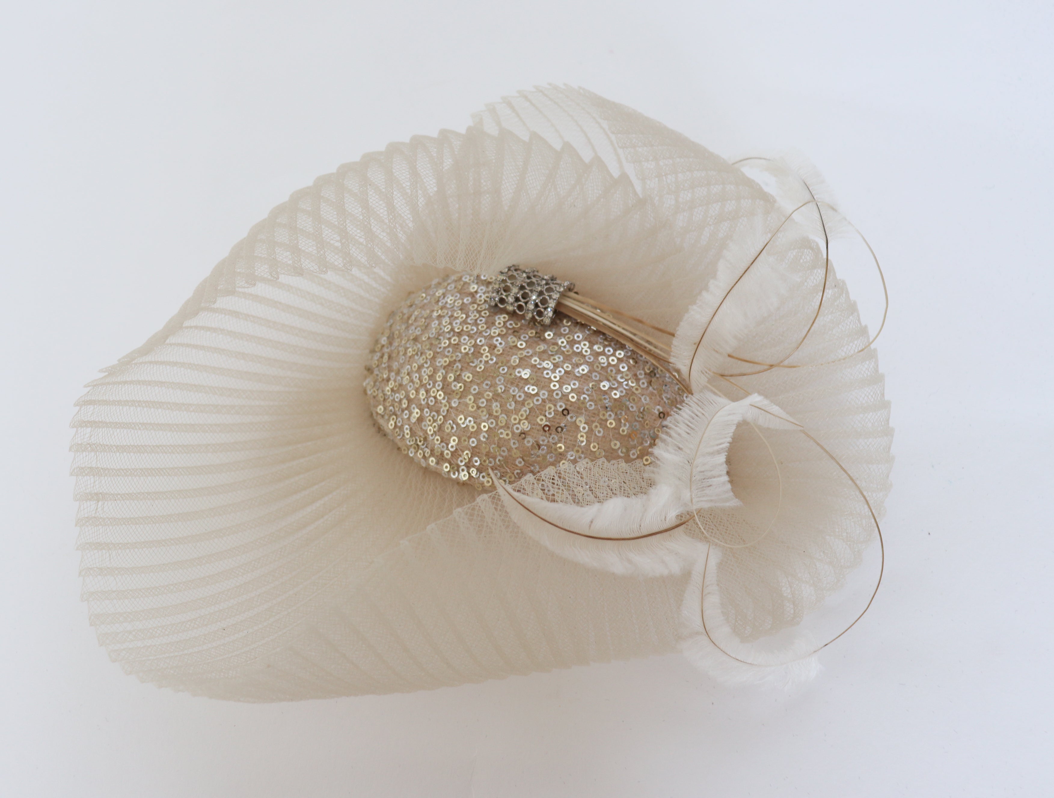Nerida Fraiman Fascinator Hat - Ascot - Sequins / Feathers - Cream