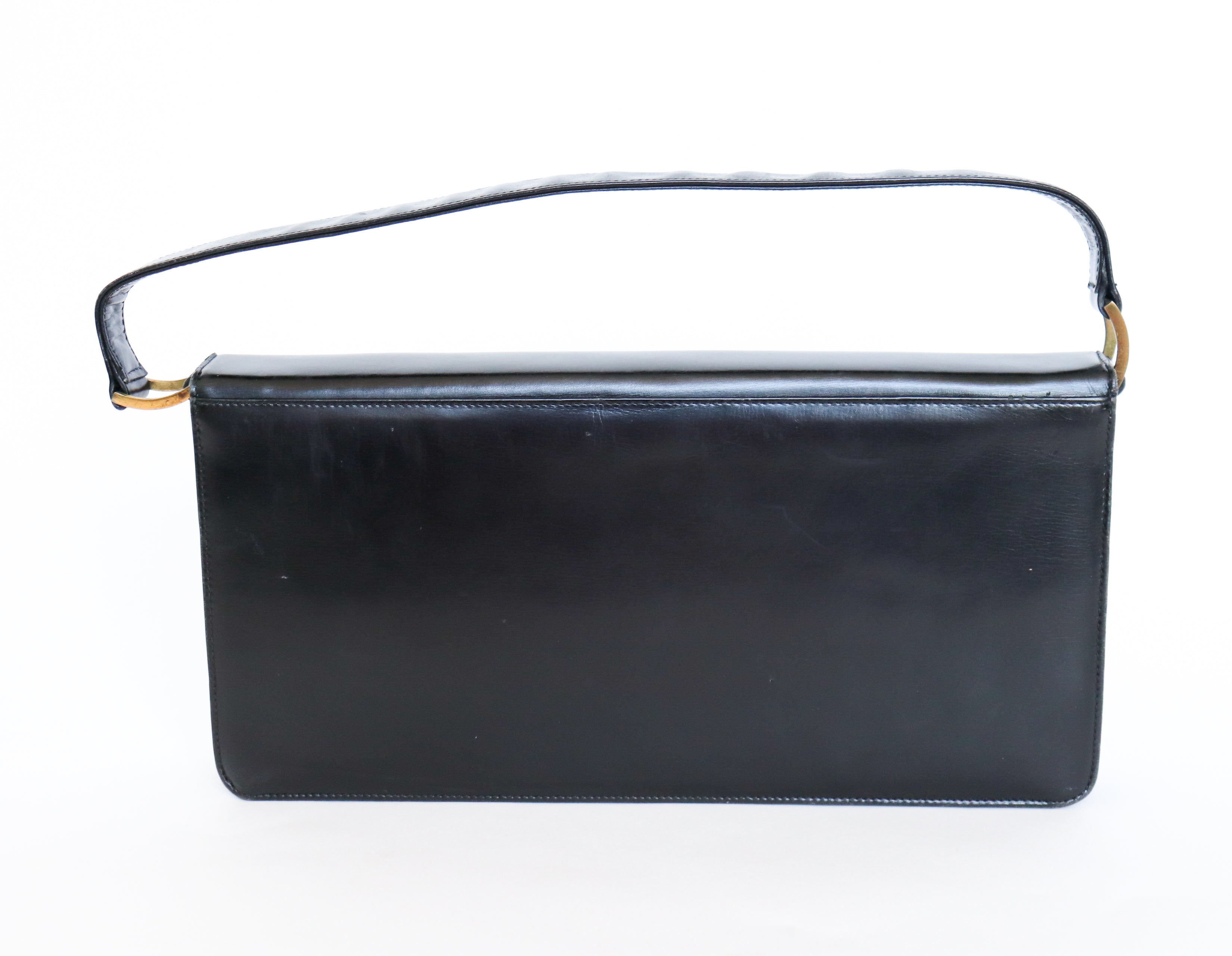 Vintage Top Handle Bag - Black Leather 1970s - Small