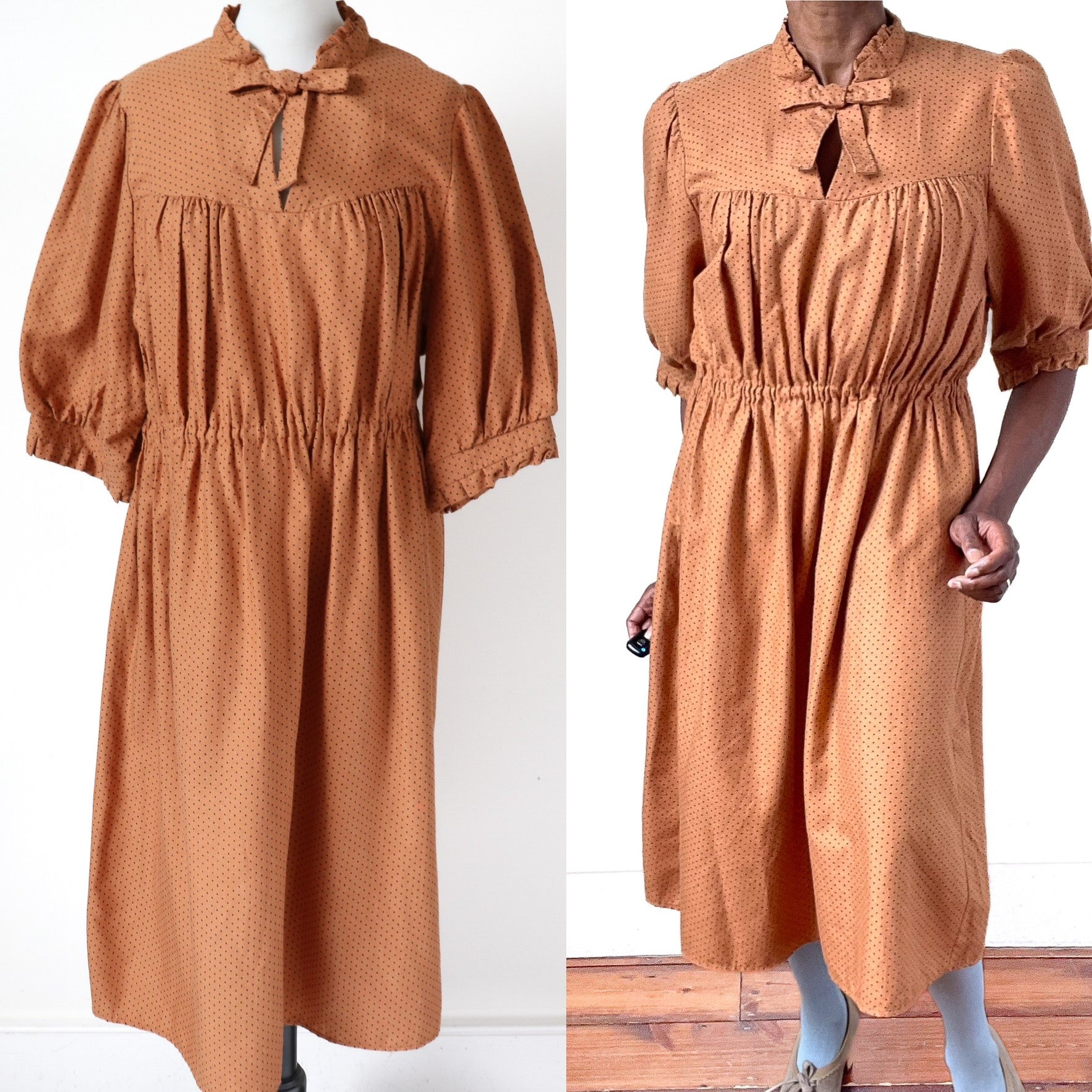 Spotted Vintage Day Dress - 1980s - Cotton Blend - Fit - L / UK 14