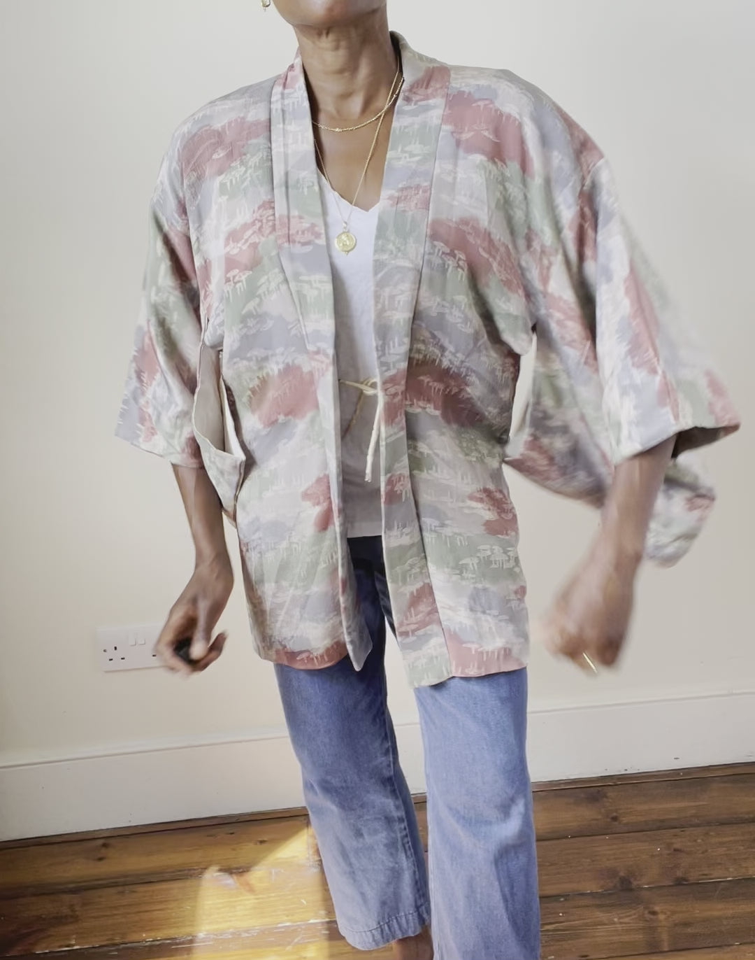 Japanese Silk Kimono Jacket - Patterned - Pink / Grey - Fit  M - UK 12
