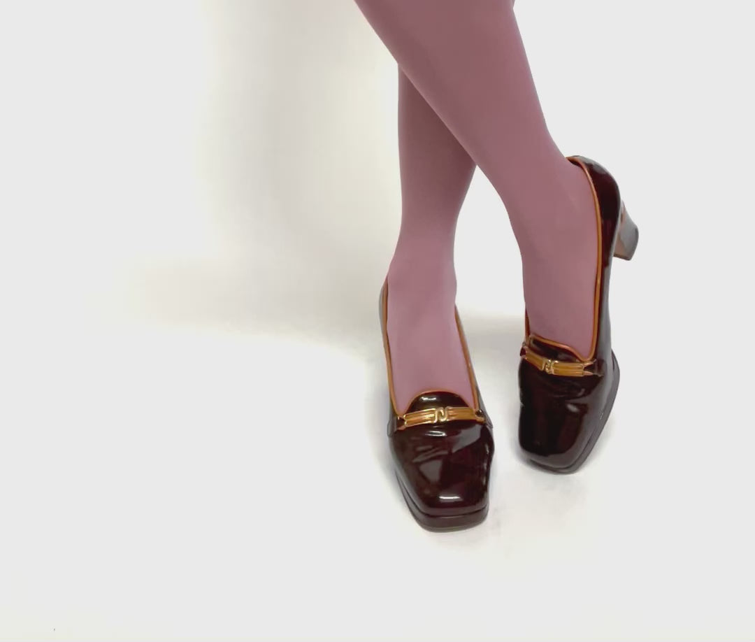 1970s Vintage Platform Block Heel  Loafers - Patent Brown Leather - Fit 39.5