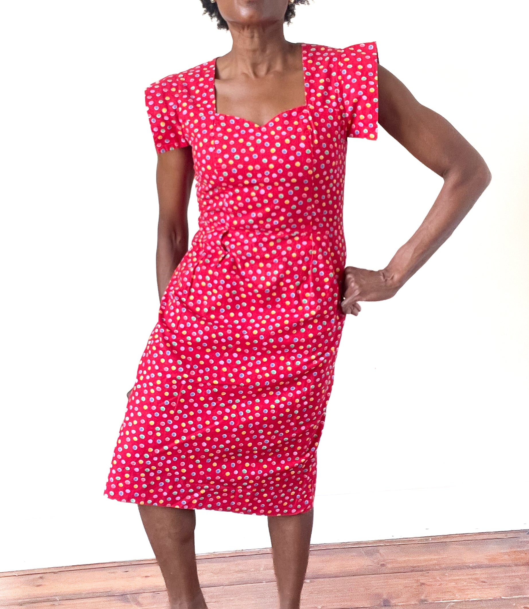 Vintage Red Cotton Spotted Summer Dress - 1940s Fitted Style - Small / UK 10