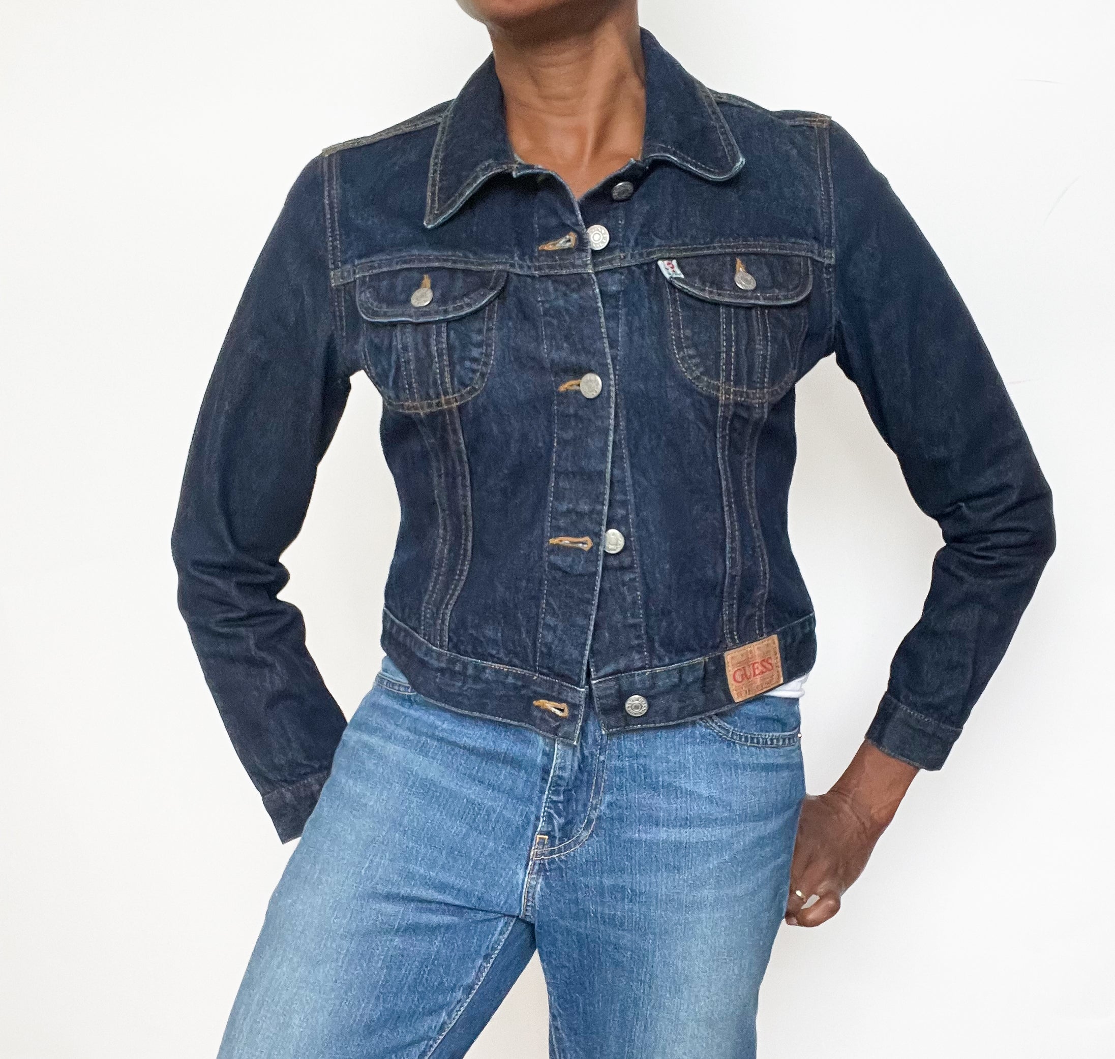 Guess Blue Cropped Denim Jacket - Y2K Fitted - M - Fit UK 10 / 12