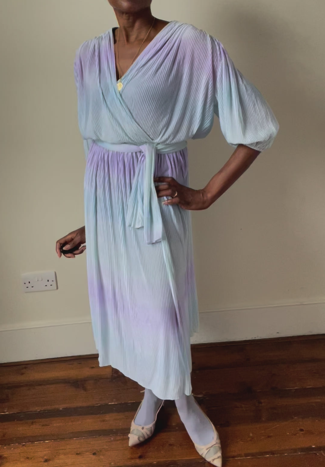 Pleated Pastel Wrap Dress - Vintage 1980s - Brigitte - Fit M / L  - UK 12 / 14