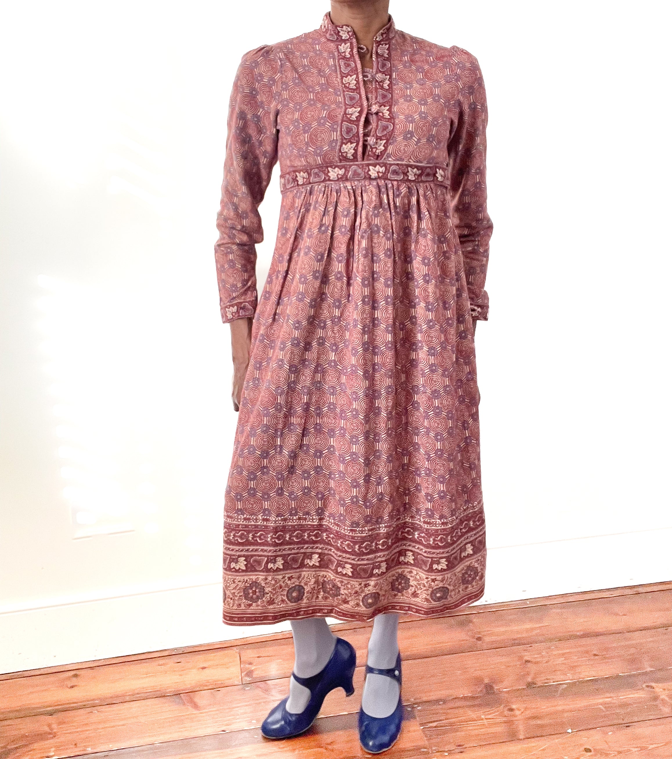 Ritu Kumar Vintage Block Print Cotton Dress - Empire Line - Brown -  S /  10
