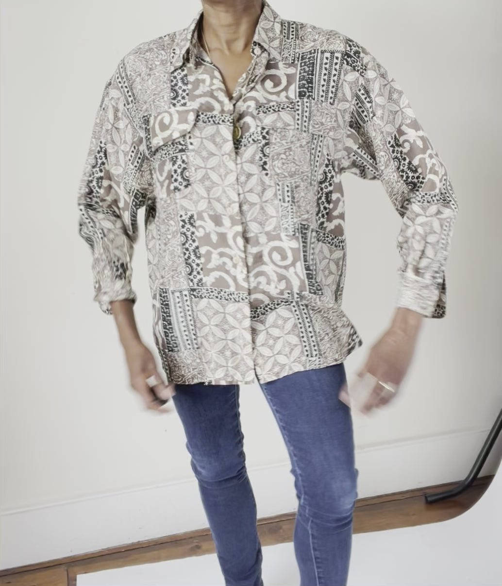 Scarf Baroque Print Silk Shirt - Beige -  M / L - UK 12 / 14