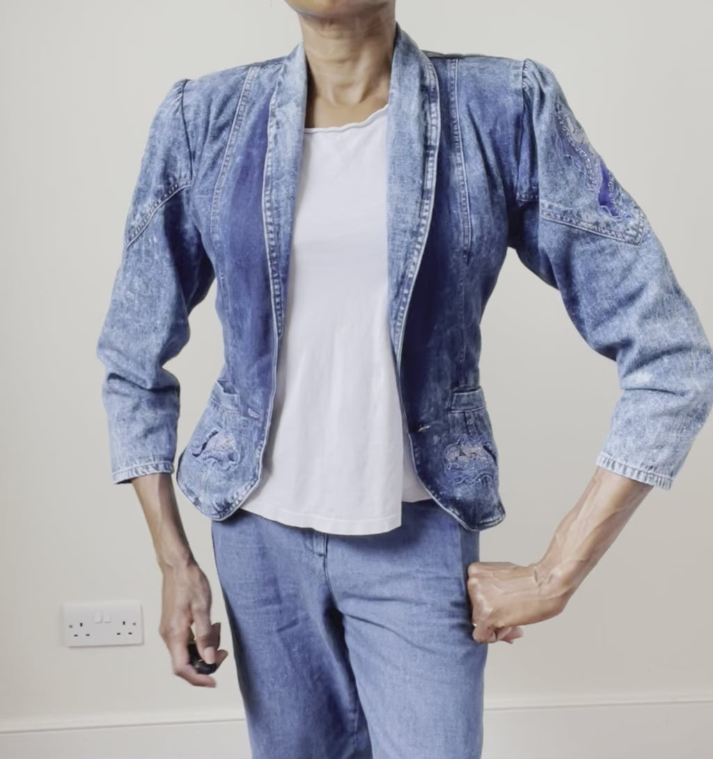 Vintage Blue Stonewash Denim Jacket - 1980s Fitted - Cotton - S / UK 10
