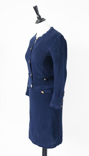 Blue Collarless Cardigan Jacket / Dress Suit - Knitted - Vintage - XXS / UK 6