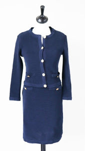 Blue Collarless Cardigan Jacket / Dress Suit - Knitted - Vintage - XXS / UK 6