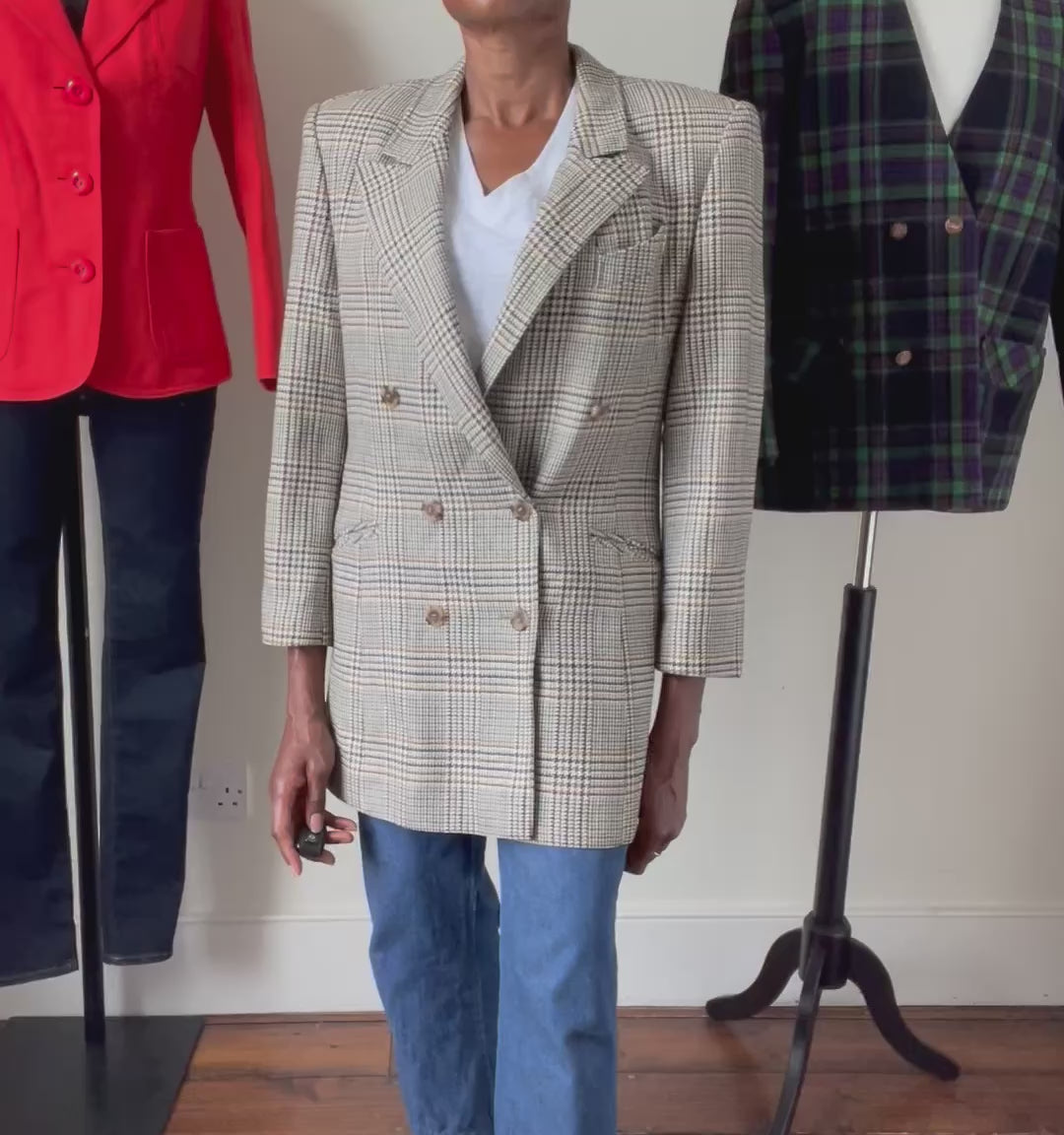 Checked Wool Blazer- Vintage - Cream / Brown Check - L / UK 14