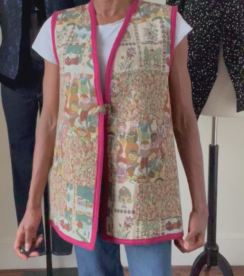 Woven Tapestry Long Waistcoat / Gilet - Vintage 1980s - L / XL - UK 14 / 16