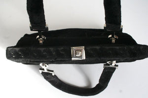 Top Handle Black Velvet Bag - Vintage 1960s - Frame Bag - Small