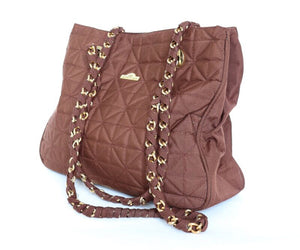 Quilted Chain Shoulder Bag - Vintage 1990s - Brown Nylon Fabric - Ledermoda - Large