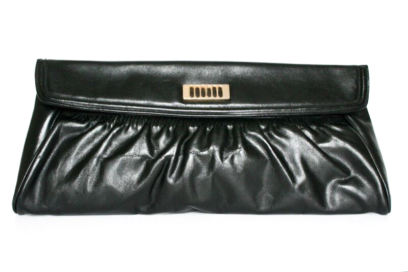 Long Clutch Bag Vintage Black Faux Leather - Vintage 1980s - Medium