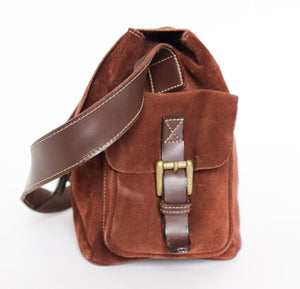 Vintage Satchel Bag - Brown Suede Leather - Medium