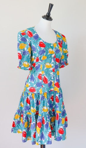 Vintage Summer Corset Dress - Cotton Tulip / Floral - Multicoloured - M / UK 12