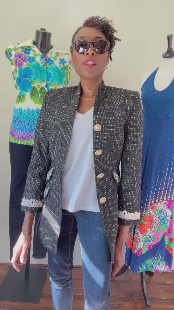Karen Collarless Suit Jacket - Woven Wool - Black Spotted - XS / S - UK 8 / 10