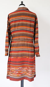 Vintage 1970s Dress Long Sleeves - Striped Patterned - Brown - UK 12 / 14