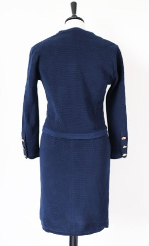 Blue Collarless Cardigan Jacket / Dress Suit - Knitted - Vintage - XXS / UK 6