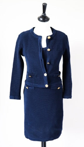 Blue Collarless Cardigan Jacket / Dress Suit - Knitted - Vintage - XXS / UK 6