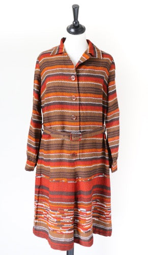Vintage 1970s Dress Long Sleeves - Striped Patterned - Brown - UK 12 / 14