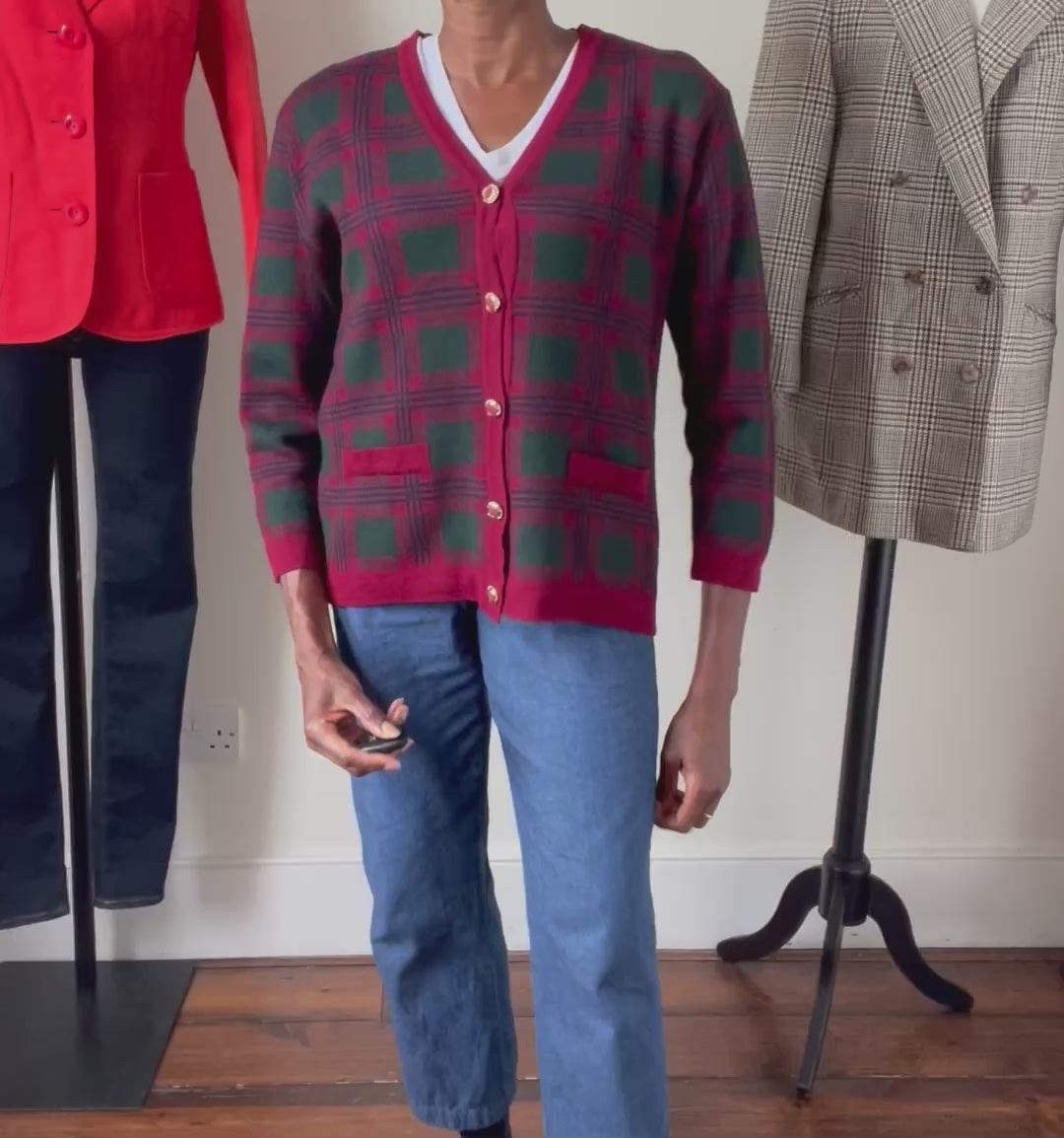 Plaid Vintage Cardigan - 1990s Burgundy / Green Wool Blend  - M / UK 12