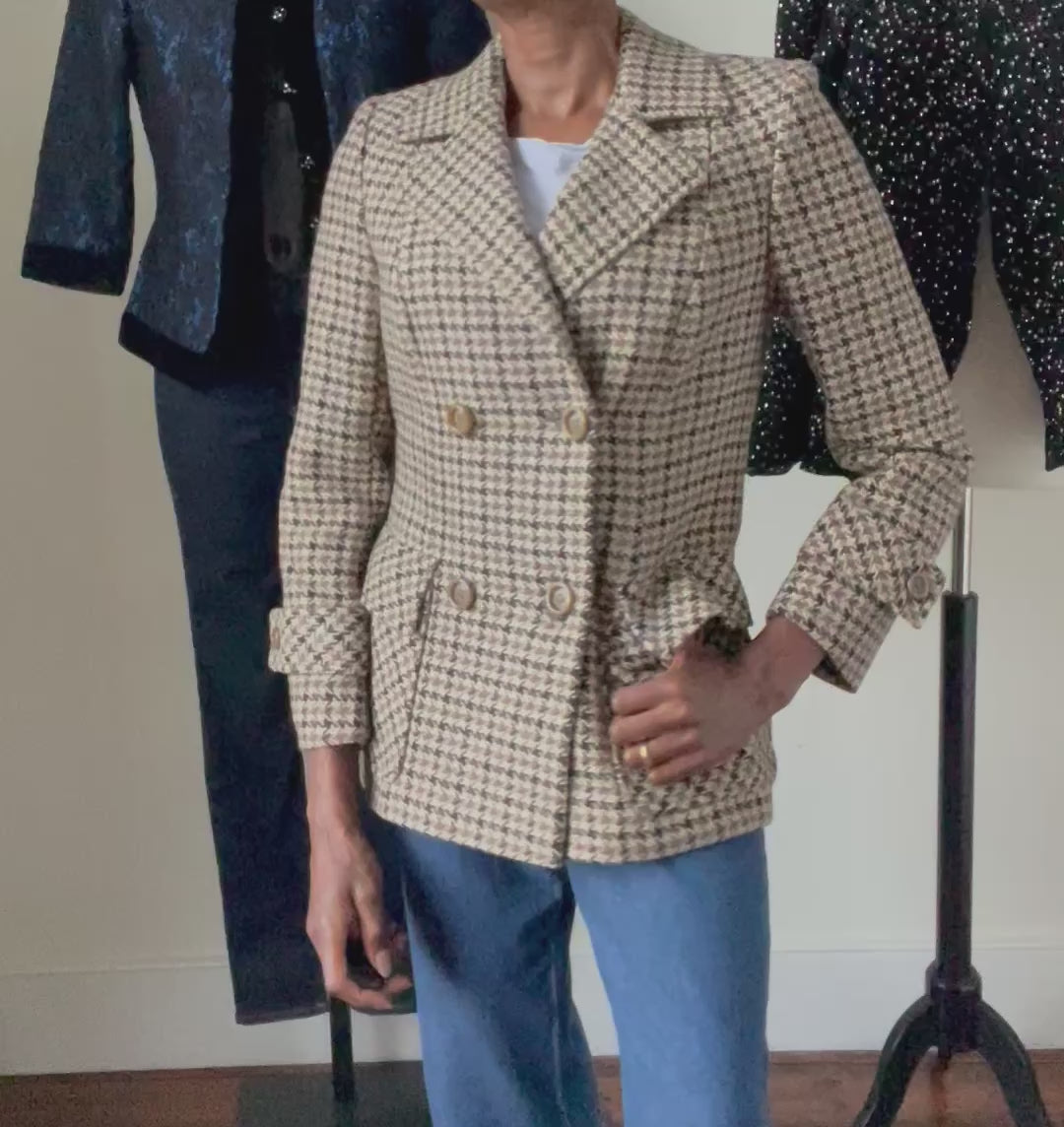 Heavy Pea Coat Jacket - Brown / Beige Check - Wool - Vintage - M / UK 12