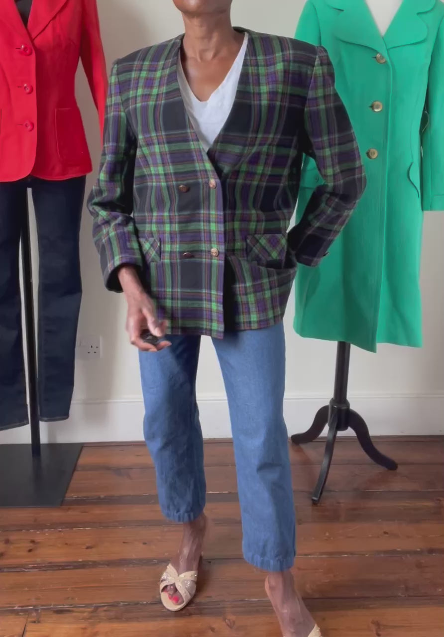 Plaid Collarless Jacket - Vintage 1980s - Green / Purple Wool  Blend - XL / UK 16