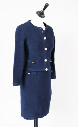 Blue Collarless Cardigan Jacket / Dress Suit - Knitted - Vintage - XXS / UK 6