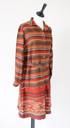 Vintage 1970s Dress Long Sleeves - Striped Patterned - Brown - UK 12 / 14
