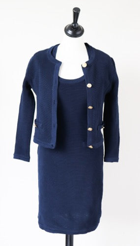 Blue Collarless Cardigan Jacket / Dress Suit - Knitted - Vintage - XXS / UK 6