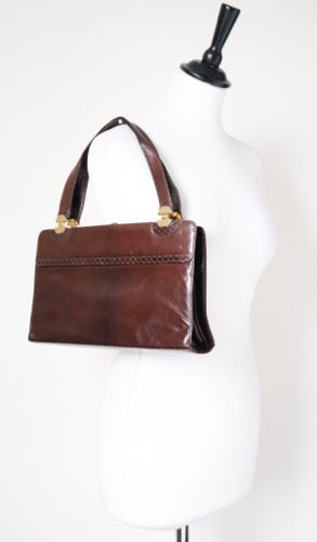 Vintage Top Handle Frame Bag 1980s - Brown Leather / Snakeskin