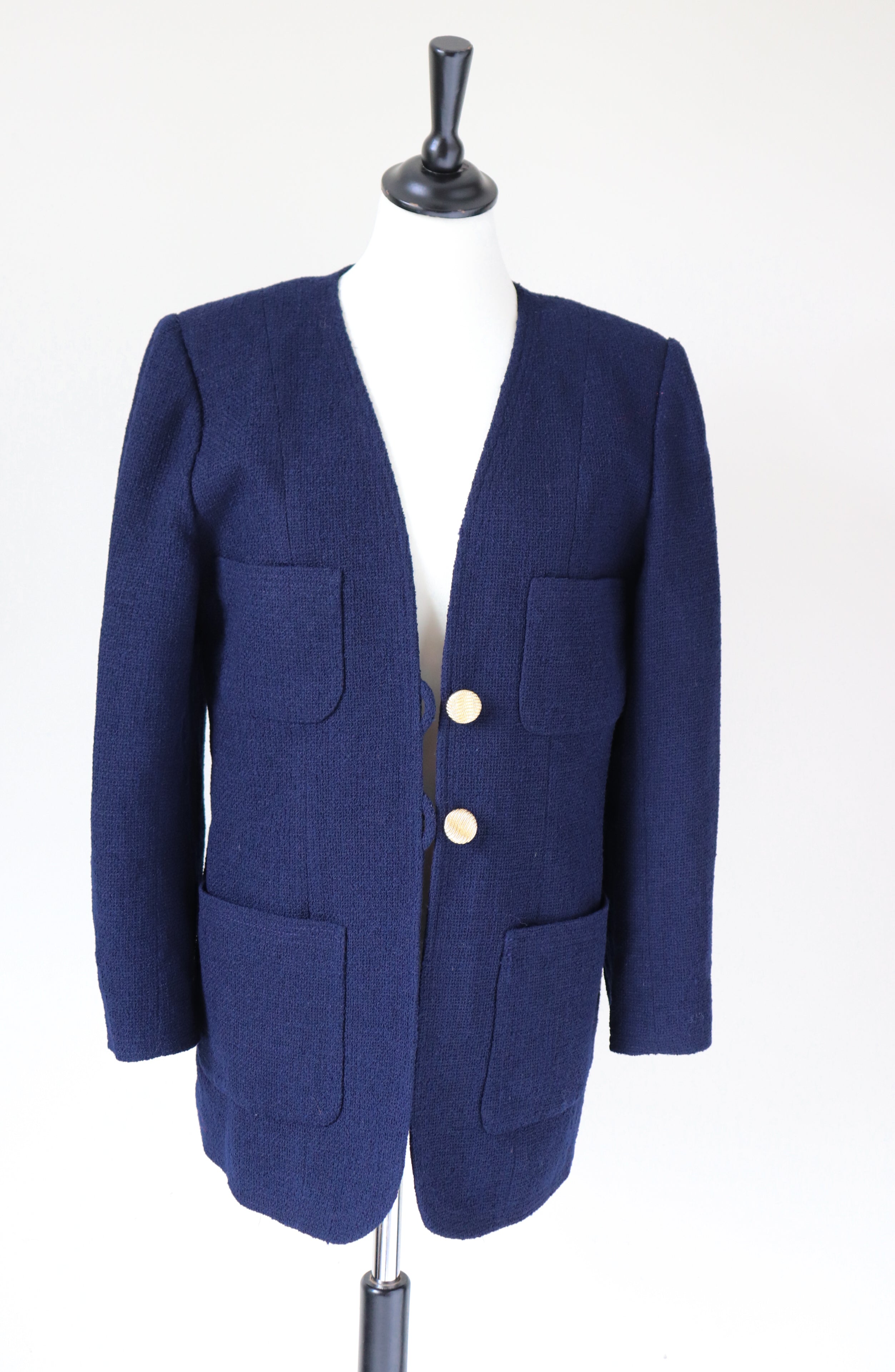 Collarless Blue Boucle Jacket - 1990s Vintage - M / UK 12