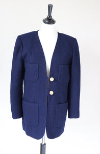 Collarless Blue Boucle Jacket - 1990s Vintage - M / UK 12