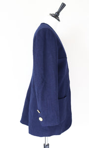 Collarless Blue Boucle Jacket - 1990s Vintage - M / UK 12