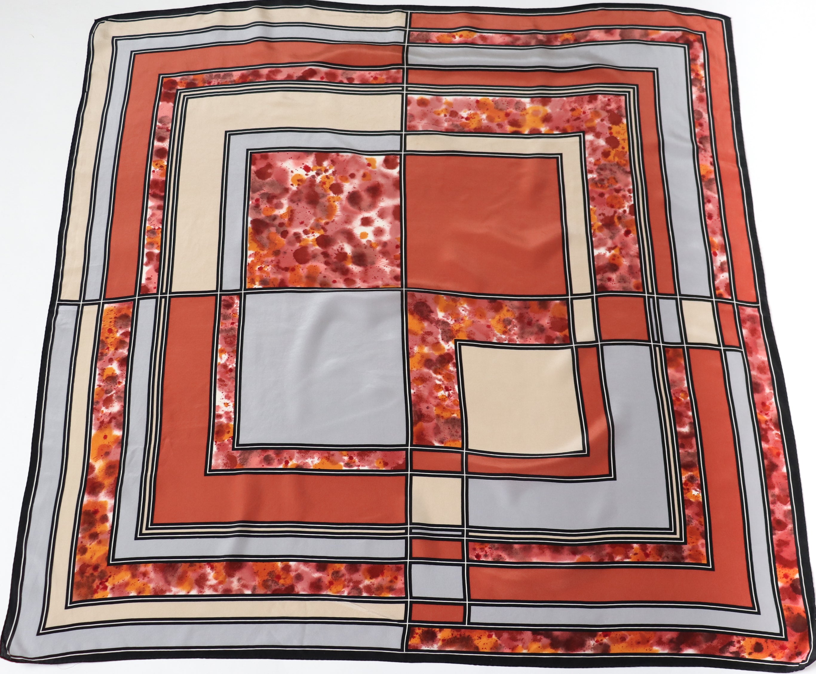 Vintage Silk Scarf - Brown / Grey Grid Print - LARGE