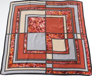 Vintage Silk Scarf - Brown / Grey Grid Print - LARGE