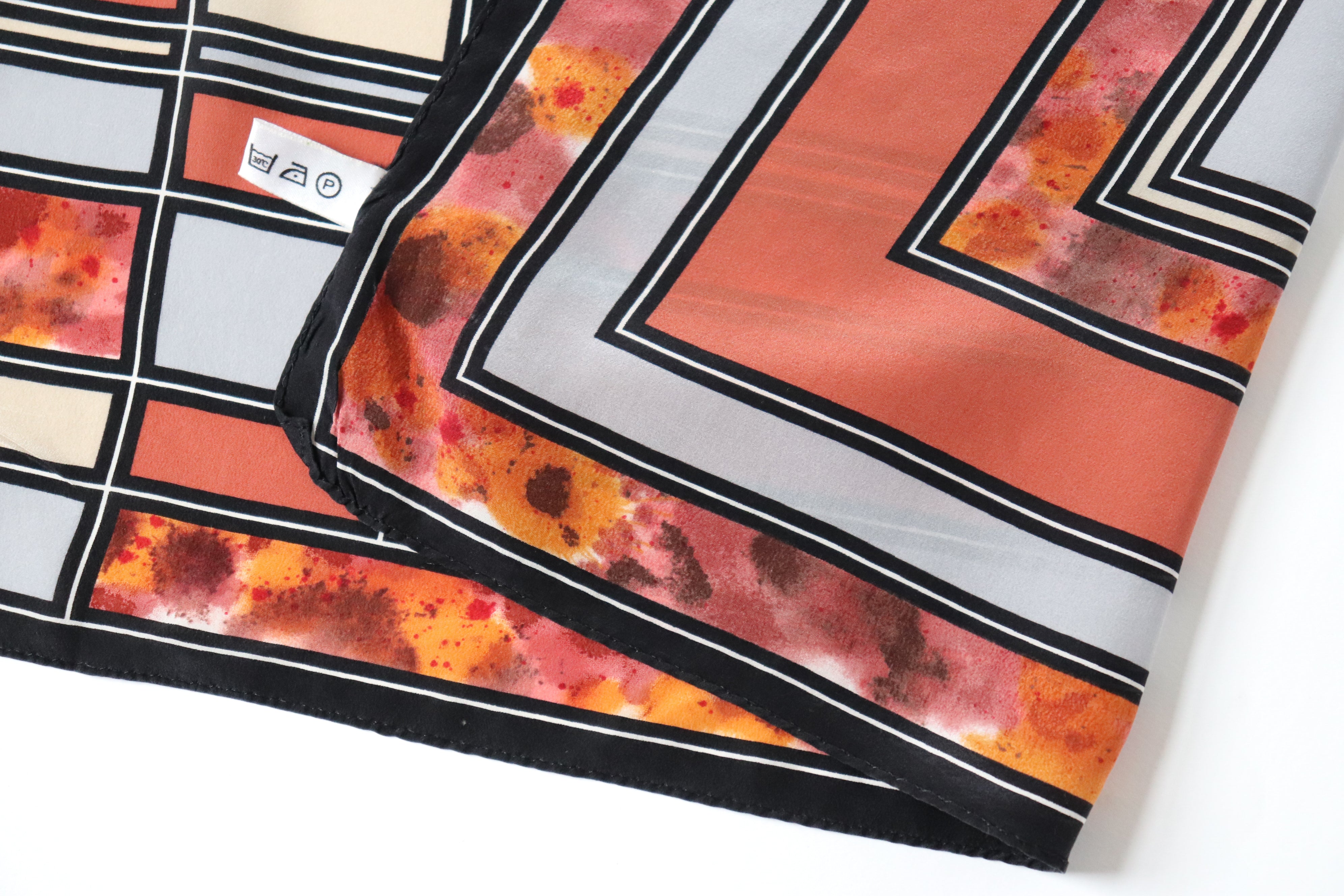 Vintage Silk Scarf - Brown / Grey Grid Print - LARGE