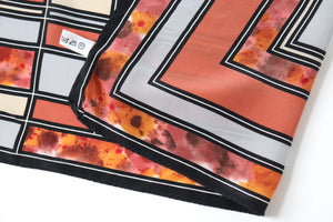 Vintage Silk Scarf - Brown / Grey Grid Print - LARGE