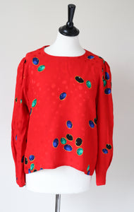 Red Silk Jewel Print Vintage Blouse - Long Sleeves - Couture Morgaine - S / UK 10
