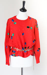 Red Silk Jewel Print Vintage Blouse - Long Sleeves - Couture Morgaine - S / UK 10