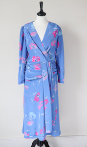 Wrap Effect Dress - Vintage 1980s - Blue / Pink Floral - M / UK 12