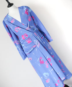Wrap Effect Dress - Vintage 1980s - Blue / Pink Floral - M / UK 12