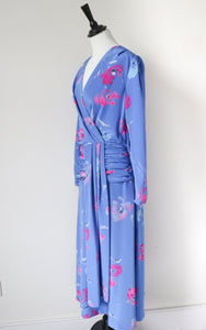 Wrap Effect Dress - Vintage 1980s - Blue / Pink Floral - M / UK 12