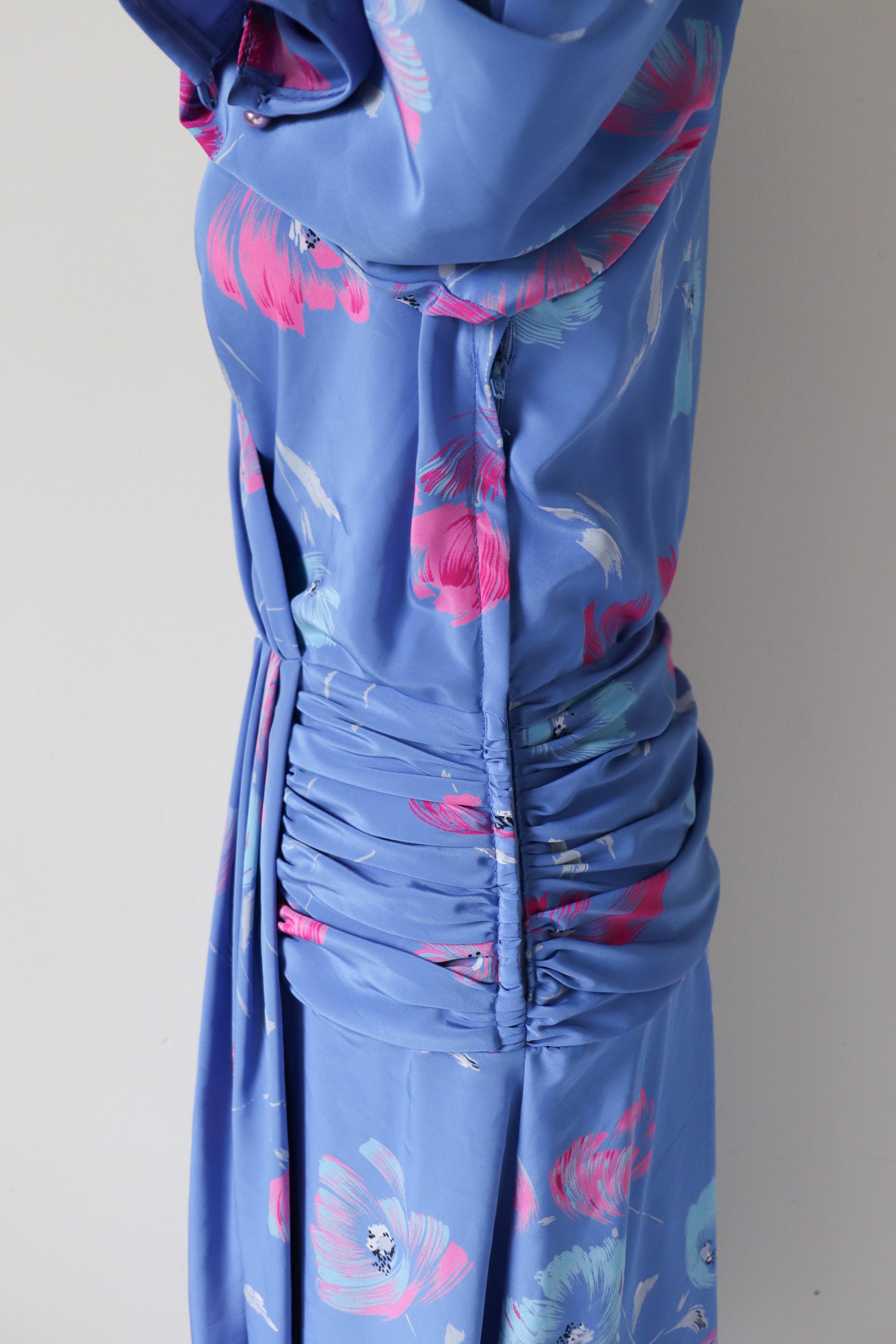 Wrap Effect Dress - Vintage 1980s - Blue / Pink Floral - M / UK 12
