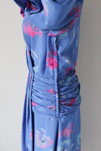 Wrap Effect Dress - Vintage 1980s - Blue / Pink Floral - M / UK 12