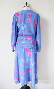 Wrap Effect Dress - Vintage 1980s - Blue / Pink Floral - M / UK 12