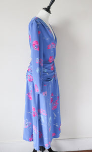 Wrap Effect Dress - Vintage 1980s - Blue / Pink Floral - M / UK 12