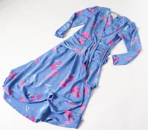 Wrap Effect Dress - Vintage 1980s - Blue / Pink Floral - M / UK 12